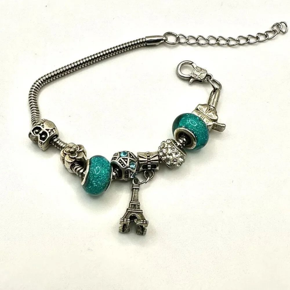 Green beaded rhinestone Eiffel Tower shamrock owl charm bracelet
